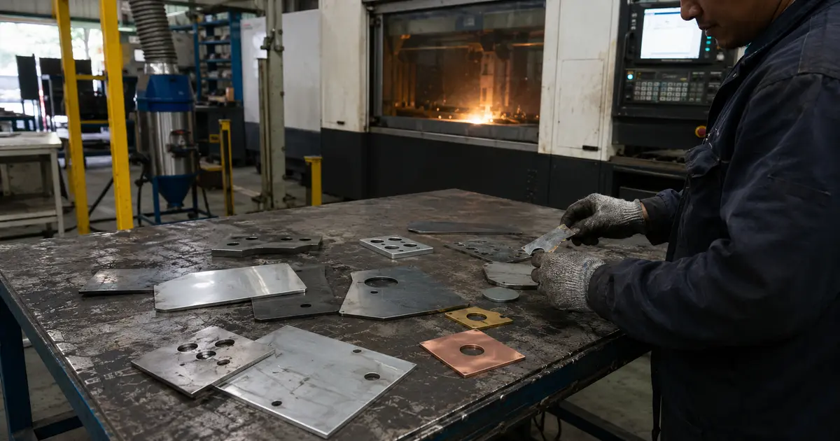 Operator menyortir sampel mild steel, stainless, aluminium, brass, dan copper di workshop fiber laser